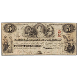 Front view of Farmers Joint Stock Bank 1849 five dollar banknote with OZ overprint, issue number 280-12-06, serial number 11693, grading F/VF.