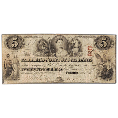 Front view of Farmers Joint Stock Bank 1849 five dollar banknote with OZ overprint, issue number 280-12-06, serial number 11693, grading F/VF.