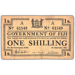 Front of an ungraded Fiji 1942 1 One Shilling banknote (WWII Emergency Issue, Pick #49a, Serial/SKU: 61549), featuring a portrait of King George VI, English emergency issue text, Government of Fiji imprint, and serial number 61549.