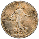 Obverse of a France 1920 One Franc silver coin (KM #844.1, SKU: SP2887) in Brilliant Uncirculated condition, featuring "La Semeuse" (The Sower) walking left in a draped Phrygian cap while sowing seeds into the rising sun, surrounded by the legend REPUBLIQUE FRANÇAISE.