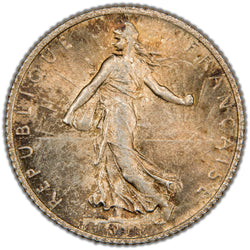 Obverse of a France 1920 One Franc silver coin (KM #844.1, SKU: SP2887) in Brilliant Uncirculated condition, featuring "La Semeuse" (The Sower) walking left in a draped Phrygian cap while sowing seeds into the rising sun, surrounded by the legend REPUBLIQUE FRANÇAISE.