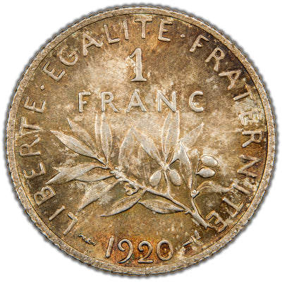 Reverse of a France 1920 One Franc silver coin (KM #844.1, SKU: SP2887) in Brilliant Uncirculated condition, depicting an olive branch entwined beneath the denomination 1 FRANC and date 1920, surrounded by the French national motto LIBERTE·EGALITE·FRATERNITE.