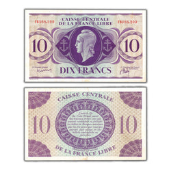 Composite view showing the front and back of an ungraded French Equatorial Africa 1941 10 Francs banknote (Pick #11a, Grade EF, Serial/SKU: FB988,209)