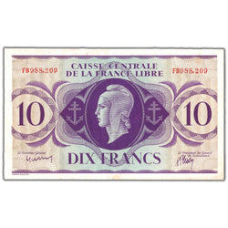 Front of an ungraded French Equatorial Africa 1941 10 Francs banknote (Pick #11a, Grade EF, Serial/SKU: FB988,209), featuring French colonial inscriptions, ornate borders, central denomination, and serial number FB 988,209