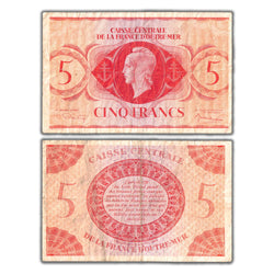 Composite view showing the front and back of an ungraded French Equatorial Africa 1944 5 Francs banknote (Free French WWII issue, Pick #15c, Grade F/VF, Serial/SKU: FEA816).