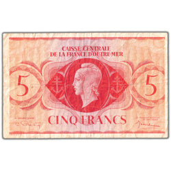 Front of an ungraded French Equatorial Africa 1944 5 Francs banknote (Free French WWII issue, Pick #15c, Grade F/VF, Serial/SKU: FEA816), featuring Caisse Centrale de la France d'Outre-Mer text, Cross of Lorraine motif, and serial number FEA 816.