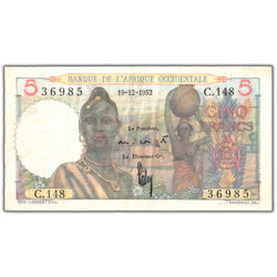 Front of an ungraded French West Africa 1952 5 Francs banknote (Banque de l'Afrique Occidentale, Pick #36, Grade VF, Serial/SKU: 36985), featuring a portrait of an indigenous African woman, French colonial typography, tropical foliage frame, and serial number 36985.