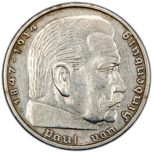 Germany 1938 A 5 Reichsmark Silver Coin - Cleaned