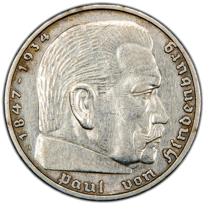 Germany 1938 A 5 Reichsmark Silver Coin - Cleaned