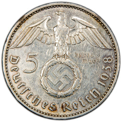 Germany 1938 A 5 Reichsmark Silver Coin - Cleaned