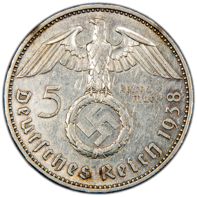 Germany 1938 A 5 Reichsmark Silver Coin - Cleaned