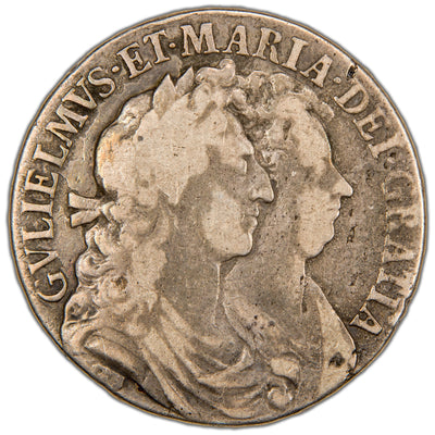 Obverse of a Great Britain 1689 William & Mary Half Crown silver coin (SCBC #3434, SKU: SP2824), featuring the conjoined right-facing busts of King William III (laureate) and Queen Mary II, surrounded by the Latin legend GVLIELMVS · ET · MARIA · DEI · GRATIA.