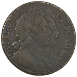 Obverse of an ungraded Great Britain 1694 William & Mary 1/2d Half Penny copper coin (Serial/SKU: SP2947), featuring the conjoined laureate jugate busts of King William III and Queen Mary II facing right, surrounded by the Latin legend "GVLIELMVS ET MARIA".