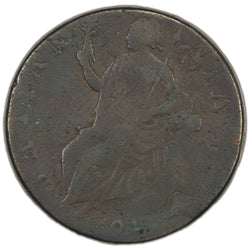 Reverse of an ungraded Great Britain 1694 William & Mary 1/2d Half Penny copper coin (KM# 475, Serial/SKU: SP2947), displaying Britannia seated facing left holding a spear and palm branch with a shield, surrounded by the legend "BRITANNIA" and date "1694" in the exergue.