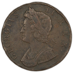 Obverse of an ungraded Great Britain 1733 George II 1/2d Half Penny copper coin (Minor Edge Issues, Serial/SKU: SP2948), featuring the young laureate bust of King George II facing left, surrounded by the Latin legend "GEORGIVS II REX".