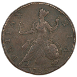 Reverse of an ungraded Great Britain 1733 George II 1/2d Half Penny copper coin (KM# 566, Minor Edge Issues, Serial/SKU: SP2948), displaying Britannia seated facing left holding a spear and olive branch beside a shield, encircled by the legend "BRITANNIA" with the date "1733" in the exergue.