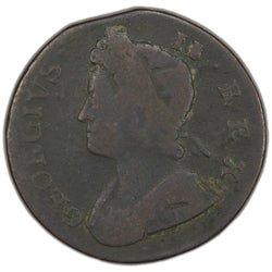 Obverse of an ungraded Great Britain 1738 George II 1/2d Half Penny copper coin (Serial/SKU: SP2949), featuring the young laureate bust of King George II facing left, surrounded by the Latin legend "GEORGIVS II REX".
