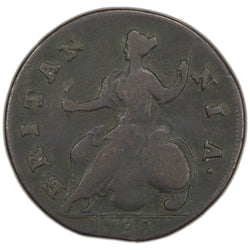Reverse of an ungraded Great Britain 1738 George II 1/2d Half Penny copper coin (KM# 566, Serial/SKU: SP2949), displaying Britannia seated facing left holding a spear and olive branch beside a shield, encircled by the legend "BRITANNIA" with the date "1738" in the exergue.