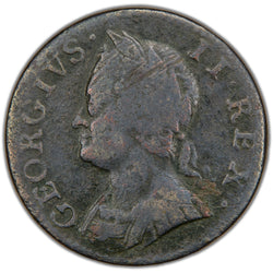 Obverse of a Great Britain 1754 1/4d Farthing copper coin (KM #581, SKU: SP2889), featuring the laureate young bust profile of King George II facing left, surrounded by the Latin legend GEORGIUS·II·REX·.