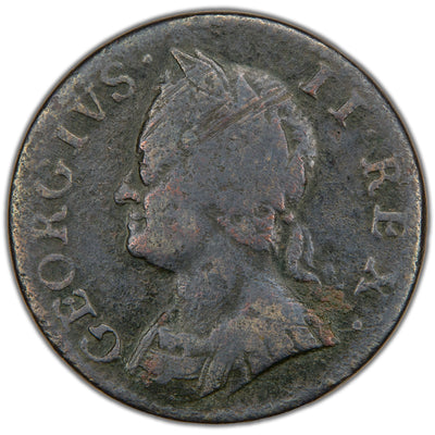 Obverse of a Great Britain 1754 1/4d Farthing copper coin (KM #581, SKU: SP2889), featuring the laureate young bust profile of King George II facing left, surrounded by the Latin legend GEORGIUS·II·REX·.