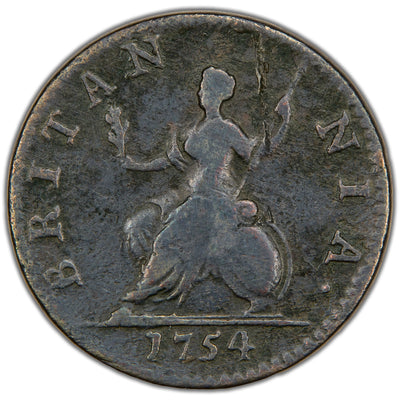 Reverse of a Great Britain 1754 1/4d Farthing copper coin (KM #581, SKU: SP2889), depicting the seated figure of Britannia facing left, holding a spear/trident and resting her hand on a Union Jack shield, surrounded by the legend BRITANNIA with the date 1754 in the exergue below.