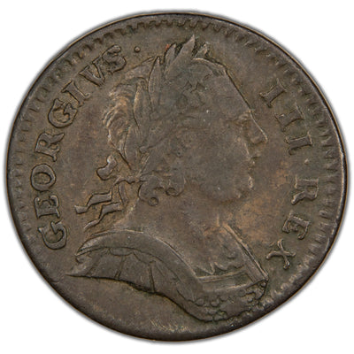 Obverse of a Great Britain 1773 1/4d Farthing copper coin (KM #602, SKU: SP2891), featuring the laureate armored bust profile of King George III facing right, surrounded by the Latin legend GEORGIVS·III·REX·.