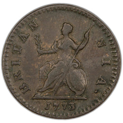 Reverse of a Great Britain 1773 1/4d Farthing copper coin (KM #602, SKU: SP2891), depicting seated Britannia facing left holding a spear and olive branch, resting on a Union Jack shield, surrounded by the legend BRITANNIA with the date 1773 in the exergue below.