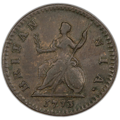 Reverse of a Great Britain 1773 1/4d Farthing copper coin (KM #602, SKU: SP2891), depicting seated Britannia facing left holding a spear and olive branch, resting on a Union Jack shield, surrounded by the legend BRITANNIA with the date 1773 in the exergue below.