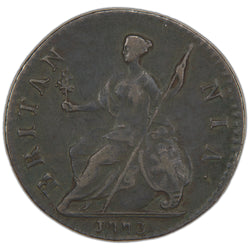 Reverse of an ungraded Great Britain 1773 George III 1/2d Half Penny copper coin (KM# 601, Serial/SKU: SP2950), displaying Britannia seated facing left holding a spear and olive branch beside a shield, encircled by the legend "BRITANNIA" with the date "1773" in the exergue.