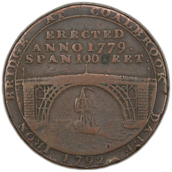 Obverse of an ungraded Great Britain 1792 Iron Bridge Coalbrook Dale 1/2d Halfpenny copper provincial token (Dalton & Hamer #14, Serial/SKU: SP2953), featuring a detailed view of the Iron Bridge spanning the Severn with a ship sailing underneath, surrounded by "IRON BRIDGE AT COALBROOK DALE 1779" and "ERECTED 1779 SPAN 100 FEET".