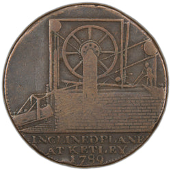 Reverse of an ungraded Great Britain 1792 Iron Bridge Coalbrook Dale 1/2d Halfpenny copper provincial token (D&H #14, Serial/SKU: SP2953), displaying a view of the inclined plane winding apparatus at Ketley, surrounded by the legend "INCLINED PLANE AT KETLEY 1789".