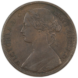 Obverse of an ungraded Great Britain 1869 1d Penny bronze coin (Key Date, Serial/SKU: SP2952), featuring the laureate "bun head" portrait of Queen Victoria facing left, surrounded by the Latin legend "VICTORIA D:G: BRITT: REG: F:D:".