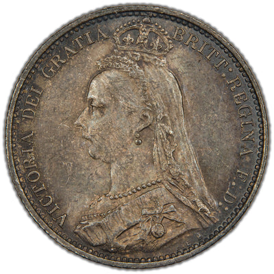 Obverse of a Great Britain 1887 6d Sixpence silver coin (SKU: SP2893), featuring the Jubilee bust portrait of Queen Victoria facing left, crowned and veiled, surrounded by the legend VICTORIA DEI GRATIA BRITT: REGINA F: D:.
