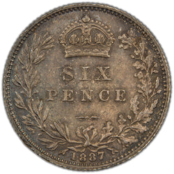 Reverse of a Great Britain 1887 6d Sixpence silver coin (SKU: SP2893), displaying the crowned royal shield of arms within the Garter strap inscribed with the motto HONI SOIT QUI MAL Y PENSE, with the date 1887 divided below.