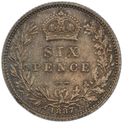 Reverse of a Great Britain 1887 6d Sixpence silver coin (SKU: SP2893), displaying the crowned royal shield of arms within the Garter strap inscribed with the motto HONI SOIT QUI MAL Y PENSE, with the date 1887 divided below.