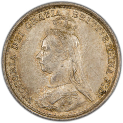 Obverse of a Great Britain 1889 3d Threepence silver coin (SKU: SP2894), featuring the Jubilee bust portrait of Queen Victoria facing left, crowned and veiled, surrounded by the Latin legend VICTORIA D:G: BRITT: REG: F:D:.
