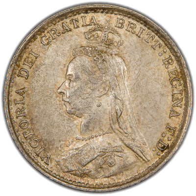 Obverse of a Great Britain 1889 3d Threepence silver coin (SKU: SP2894), featuring the Jubilee bust portrait of Queen Victoria facing left, crowned and veiled, surrounded by the Latin legend VICTORIA D:G: BRITT: REG: F:D:.