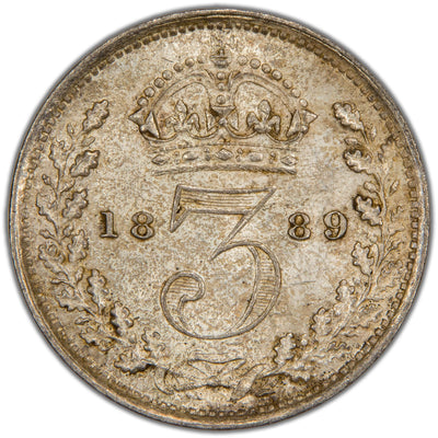 Reverse of a Great Britain 1889 3d Threepence silver coin (SKU: SP2894), displaying the crowned denomination numeral 3 flanked by an oak wreath, with the date 1889 divided at the bottom.
