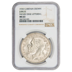 NGC certified slab showing the obverse of a 1935 Great Britain Silver Crown featuring King George V, graded MS 63 with serial number 58672343-025