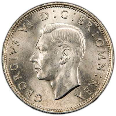 Obverse of a Great Britain 1946 Half Crown silver coin of King George VI (SKU: SP2825), featuring the uncrowned bare head portrait of King George VI facing left, surrounded by the Latin legend GEORGIVS VI D:G:BR:OMN:REX.