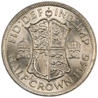 Reverse of a Great Britain 1946 Half Crown silver coin (SKU: SP2825), displaying the crowned shield of Royal Arms flanked by crowned royal monograms G and R, with the date 19 46 flanked at the sides and denomination HALF CROWN below, surrounded by the legend FID:DEF IND:IMP.