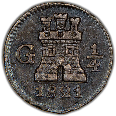 Obverse of a Guatemala 1821 G 1/4 Real silver coin (SKU: SP2796), featuring a castle representing the Kingdom of Castile with the mint mark G and date 1821.