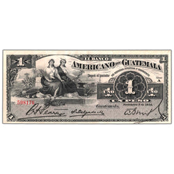 Front of an ungraded Guatemala El Banco Americano 1914 1 Peso banknote (Pick #S111b, Grade Nice VF, Serial/SKU: 598176), featuring an allegorical figure, ornate lathework border design, Spanish banking text, red counterstamps, and serial number 598176.