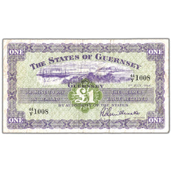 Front of an ungraded Guernsey 1966 1 Pound banknote (States of Guernsey, Pick #43c, with writing, Serial/SKU: 44/Y 1008), featuring the arms of Guernsey, profile portrait of Queen Elizabeth II, blue security tint, and prefix/serial number 44/Y 1008.