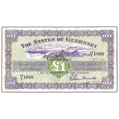 Front of an ungraded Guernsey 1966 1 Pound banknote (States of Guernsey, Pick #43c, with writing, Serial/SKU: 44/Y 1008), featuring the arms of Guernsey, profile portrait of Queen Elizabeth II, blue security tint, and prefix/serial number 44/Y 1008.