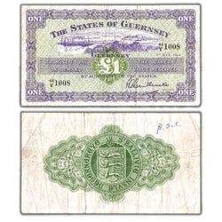 Composite view showing the front and back of an ungraded Guernsey 1966 1 Pound banknote (States of Guernsey, Pick #43c, with writing, Serial/SKU: 44/Y 1008).