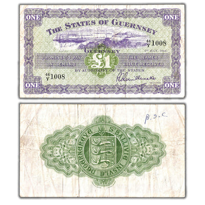 Composite view showing the front and back of an ungraded Guernsey 1966 1 Pound banknote (States of Guernsey, Pick #43c, with writing, Serial/SKU: 44/Y 1008).