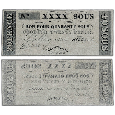 Hart's Bank 1837 twenty pence note remainder, catalog 350-10-06R, inventory hb003, stacked view showing both front and back sides, graded Extremely Fine condition.