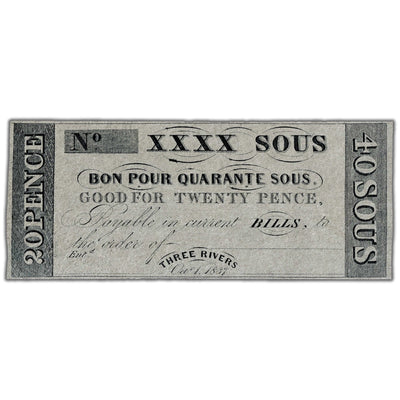 Front view of Hart's Bank 1837 twenty pence banknote remainder, issue number 350-10-06R, inventory hb003, grading EF.