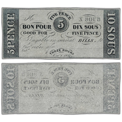 Hart's Bank 1837 five pence note remainder, catalog 350-10-02R, inventory hb001, stacked view showing both front and back sides, graded About Uncirculated condition.